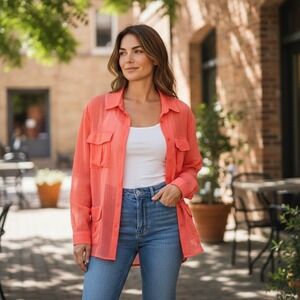 Chico's Coral Orange Utility Safari‎ Jacket Lightweight Size 3 Long Sleeve